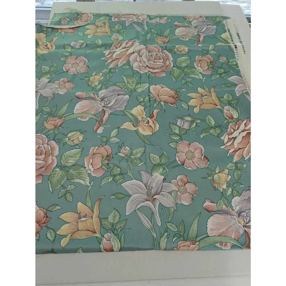 Vintage 1988 Martin Lorraine Ryan 54x64 In Teal Floral Teflon Upholstery Fabric